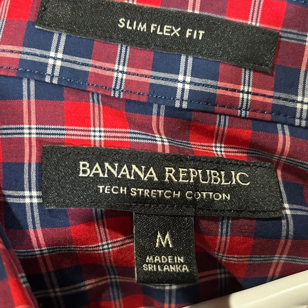 Banana Republic Mens Slim Flex Fit Tech Stretch Cotton Plaid Shirt Red Navy M